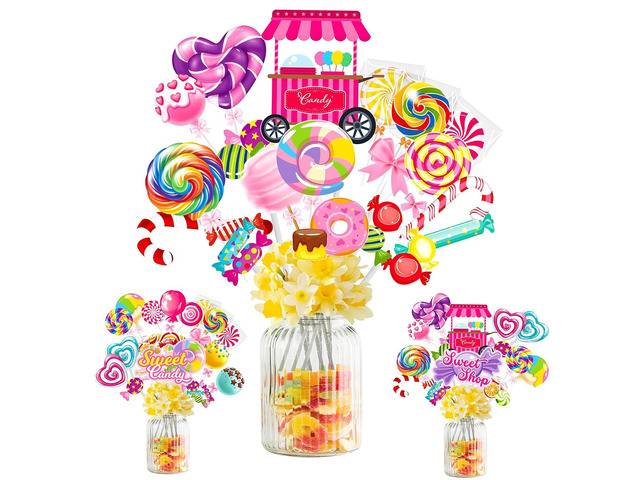 24Pcs Candyland Party Centerpieces Sticks Candyland Lollipop Table Toppers Sweet Candy Party Decorations for Candyland Theme Birthday Party Baby...