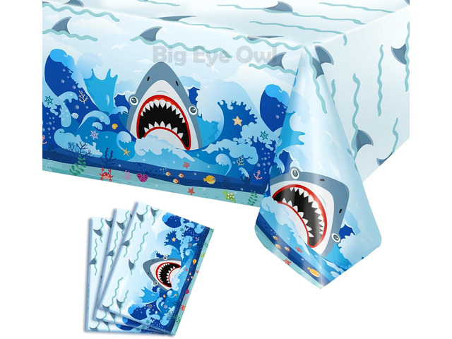 3 Pcs Shark Party Tablecloths Plastic Disposable Birthday Party Table Cloth Rectangle Tablecovers Decorations Blue Boys Shark Theme Party Supplies...