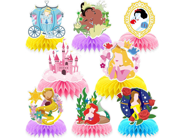 8Pcs Girl Princess Birthday Party Supplies, Princess Girl Honeycomb Centerpieces Seven Girls Theme 3D Table Decorations