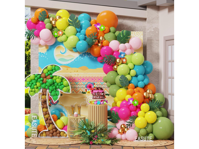 145Pcs Tropical Hawaiian Balloon Arch Kit, Pink Orange Blue Green Balloons with Palm Leaves, Summer Aloha Beach Pool Birthday Luau Party...