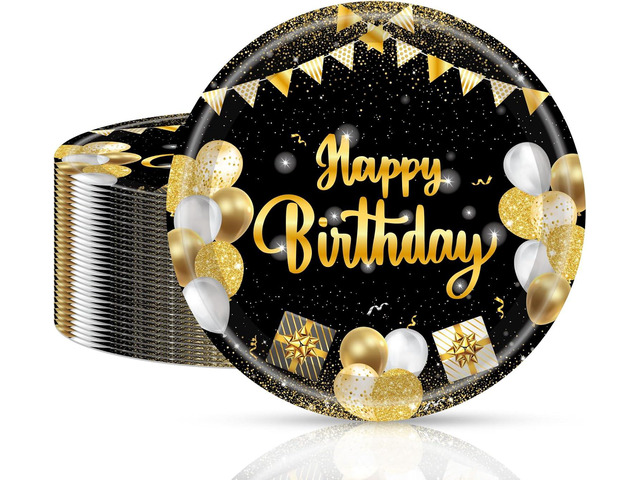 50Pcs Birthday Plates Black and Gold Party Decorations 7 Inch Paper Dessert Plates Party Tableware, for Cake Salad Fruit, Happy Birthday Party...