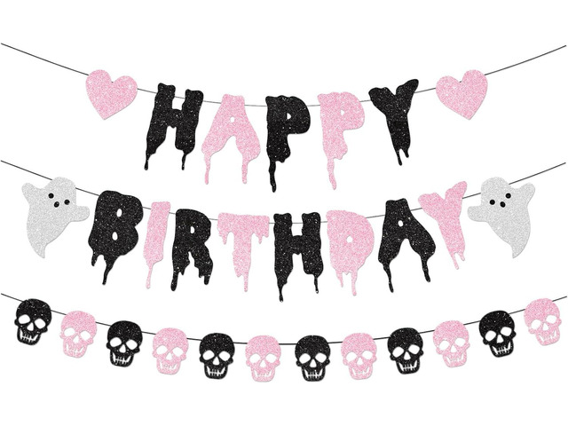 Pink Glitter Halloween Birthday Banner Black and Pink Heart Skull Garland Happy Birthday Decorations for Halloween Party Decorations Theme Baby...