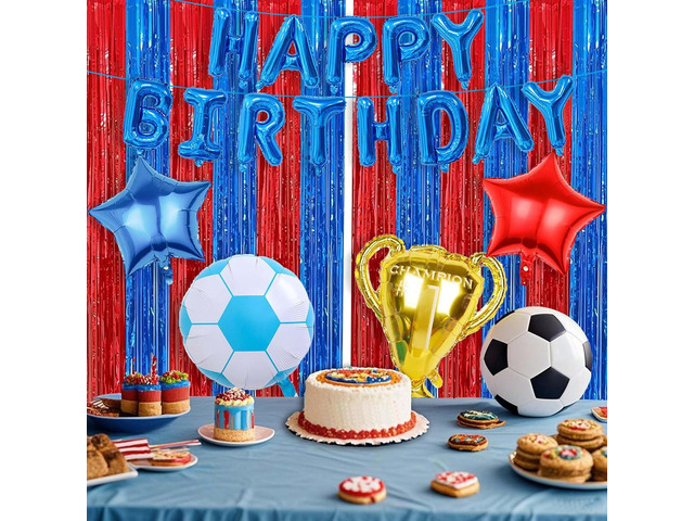 Soccer Theme Birthday Party Supplies Include Fringe Curtains Tinsel, Balloons Banner, Soccer Theme Birthday Decorations