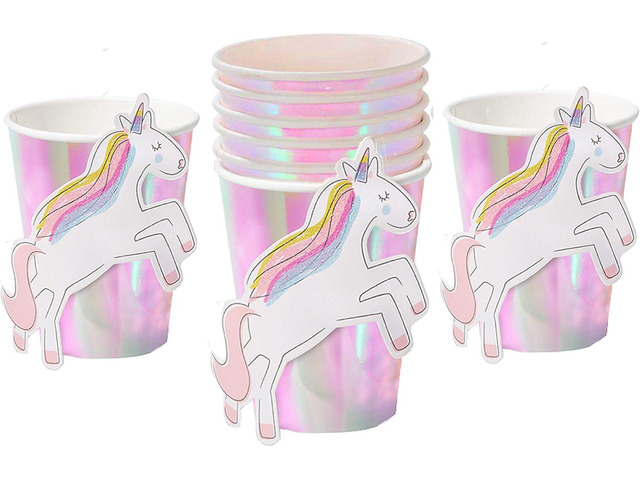 Coterie Unicorn Paper Party Cups (Set of 10) - Unicorn & Birthday Party Supplies 9oz Iridescent Cups with Glitter Stick-On Unicorns Paper