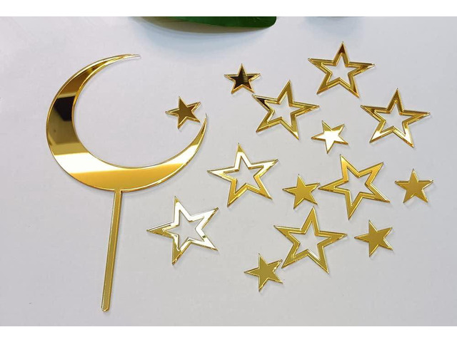 Set of 15pcs Moon Star Acrylic Cake Topper,Hollow Stars & Moon Celestial Wedding Cake Topper,Kids Babyshower Birthday Party Supplies(Gold)