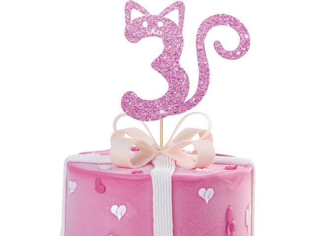 Cat Three Cake Topper, Number 3 Cake Topper for Baby Girl, Kitty Happy 3rd Birthday Party Supplies, Pet Cat Three Year Old Party Decoration - Pink.