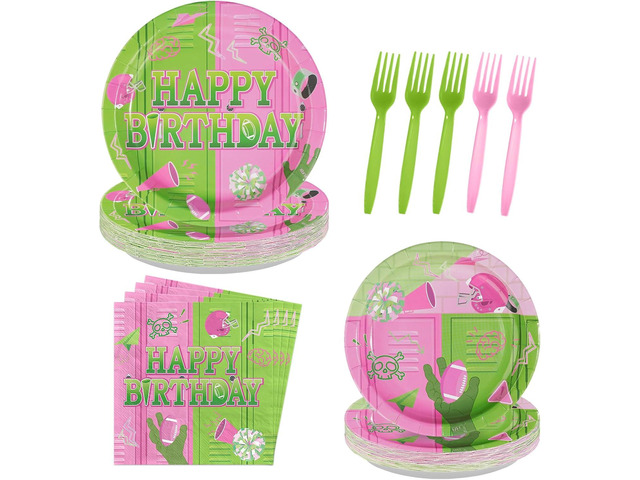 96Pcs Pink and Green birthday Party Supplies American High School Plates and Napkins Princess and Witch Themed Disposable Tableware Set for Movie...