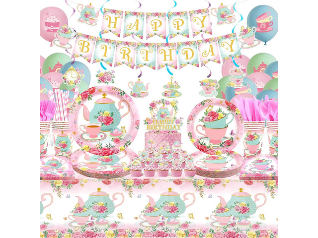 KEFAN Tea Birthday Party Decorations, Tea Theme Party Tableware Supplies including HAPPY BIRTHDAY Banner, Plates, Cups, Napkins, Tablecloth,...