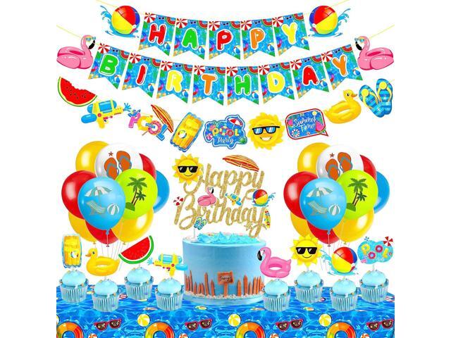 Pool Birthday Party Decorations Set Swimming Pool Happy Birthday Banners Pool Party Cake Topper Cupcake Toppers Tableware Balloons Summer Beach...