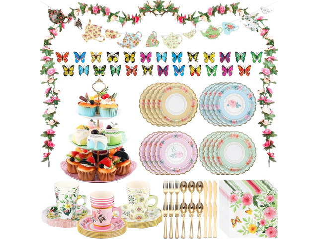 121 Pcs Floral Tea Party Dinnerware Set Include 9 oz Paper Cups and Saucers, Napkins, 3 Tier Cake Stand, Serving Platter, Butterfly Decorations,...