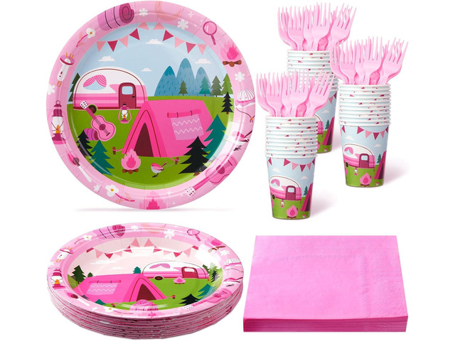 Zubebe 120 Pcs Pink Camping Party Supplies for 24 Guests: 48 Plates, 24 Cups, 24 Napkins, 24 Forks - Camping Theme, Disposable, Lightweight