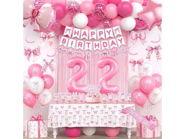 22nd Pink Birthday Decorations for Women, Pink Bow Coquette Birthday Decoration Party Supplies Includes Fringe Curtain, Number balloons, Bow Cake...