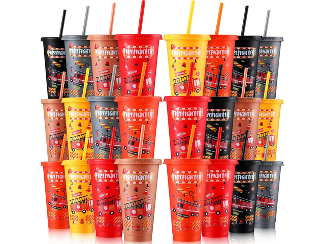 Mifoci 24 Pack Firefighter Plastic Cups with Lids and Straws 24oz Reusable Fire Truck Cups for Firefighter Birthday Party Supplies Decorations