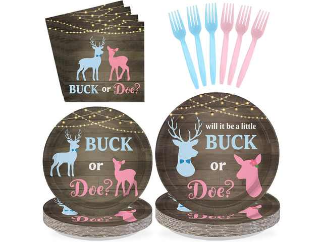 96Pcs Buck or Doe Gender Reveal Party Decorations Rustic Wood Themed Plates and Napkins Blue Pink Deer Disposable Paper Tableware Set for Boy or...