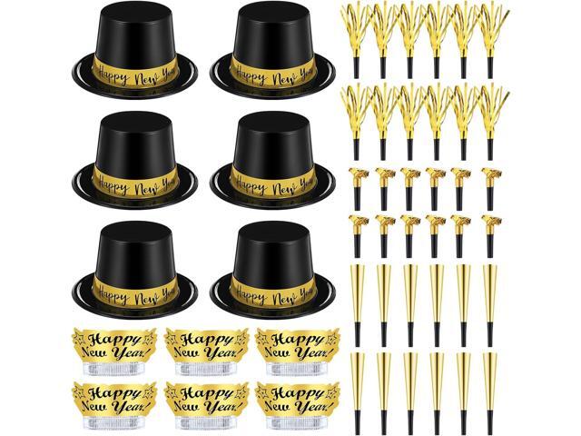 Shappy 48 Pcs New Year's Eve Party Supplies for 12 Guests 2026 Party Supplies Top Hat Headbands Tiara Fringed Noise Makers(Black Gold)