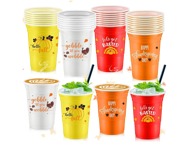 Uiifan 60 Pcs Thanksgiving Plastic Cups 16 oz Disposable Fall Party Cup Friendsgiving Plastic Stadium Cups Turkey Pumpkin Maple Leaves Drink Cup...