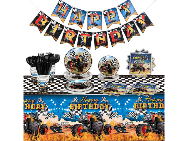 171 Pcs Monster Truck Party Supplies Serves for 24 Guests Monster Truck Birthday Decorations Set Include Banner Plates Napkins Cup Tablecloth for...