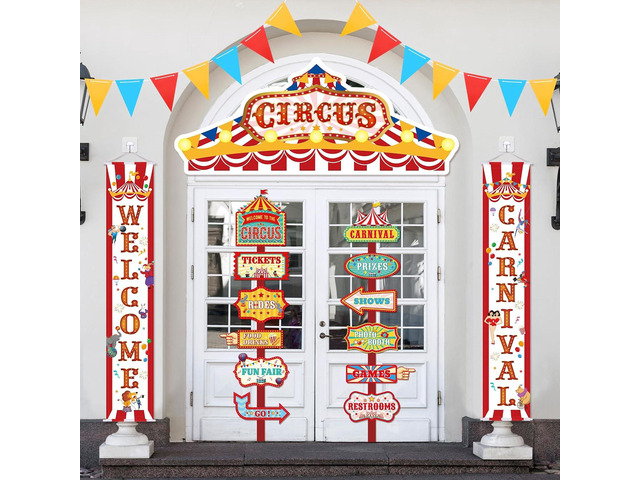 15 Pcs Circus Decorations Carnival Striped Awning Porch Banner Carnival Theme Directional Signs Welcome to the Circus for Birthday Party Supplies
