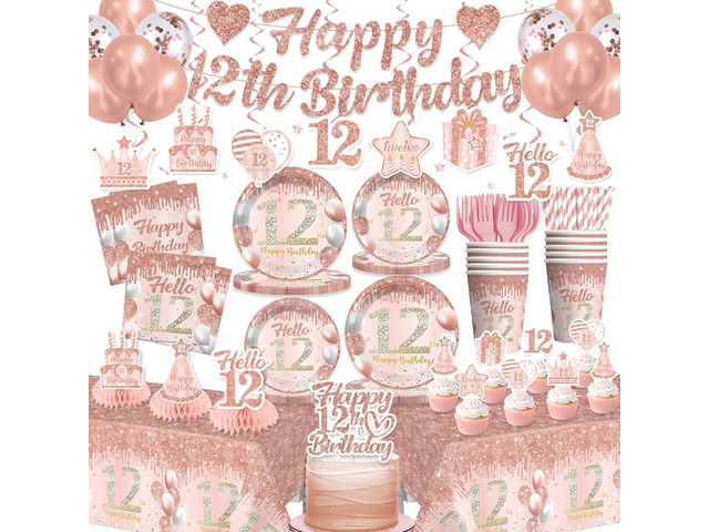 201 Pcs 12th Birthday Decorations for Girls, Pre-assembled Happy 12th Birthday Banner Cake Topper Rose Gold Plates and Napkins Party Supplies with...