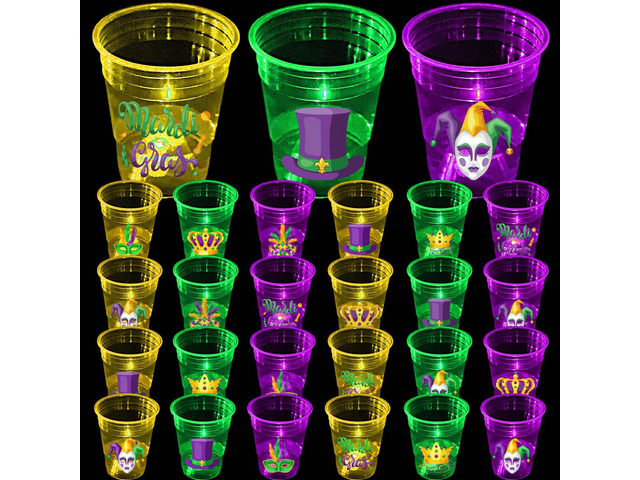 mishunyus 40 Pcs Mardi Gras Glow Cups for Party Theme Decorations, Party Favors Supplies, Accessories, Carnival Favors, New Orleans Style Party (16...