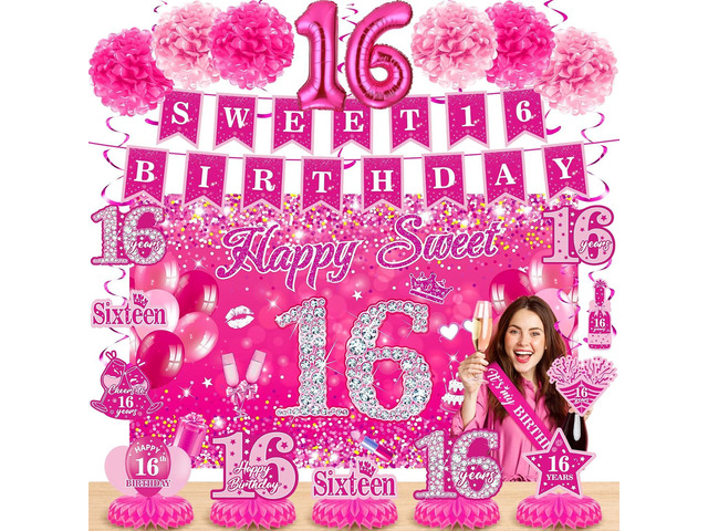 Pink 16th Birthday Decorations for Girls Hot Pink Sweet 16 Birthday Banner Honeycomb Centerpiece Balloons Hanging Swirls Paper Pompoms Sash Kit...