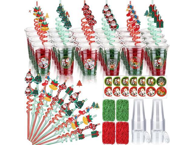 Vesici 124 Pcs Christmas Plastic Cups Bulk with Lids Straws Stickers Raffia Snowman Santa Claus Plastic Cups Xmas Disposable Clear Mugs Party Favor...