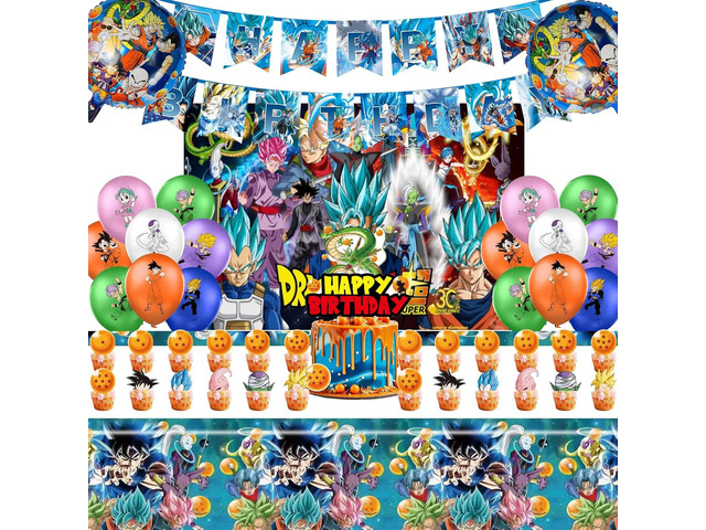 44PCS Dragon Ball Birthday Party Supplies: Banner, Cake Topper, Tablecloth, Backdrop, Cupcake Toppers, Balloons, Aluminum Balloons