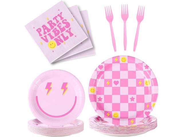 VZZNN 160Pcs Preppy Smile Face Party Tableware Set Pastel Paper Plates Napkins Preppy Smile Face Dinnerware for Birthday Party Baby Shower...