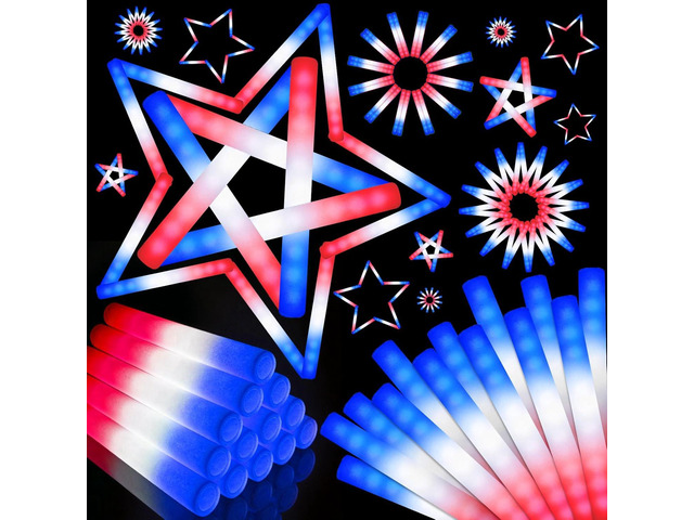 SHQDD 46 PCS 4th of July Foam Glow Stick Pack, Red White Blue Glow Sticks, July 4 Party Favors, Light up Party Supplies for Independence Day...