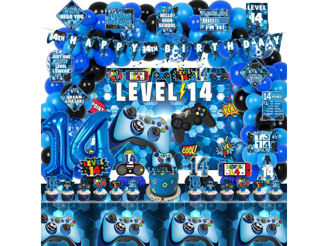 KOTLMIGHT 14th Birthday Decorations for Boys, 150Pcs Blue Video Game level 14 Party Supplies for Boy 14th Birthday - Backdrop, Banner, Balloons,...
