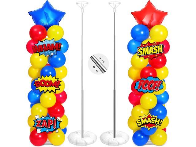 Realspring 2 Set Hero Themed Party Decorations Adjustable Red Yellow Blue Balloon Column Stand Kit 6 Pcs Jumbo Hero Cards 148 Pcs Fun Balloons for...