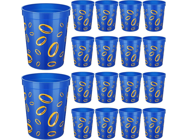 Qinyoung 24 Pcs Blue with Gold Ring Print Themed Birthday Party Supplies Plastic Cups Reusable 16oz Cups for Cartoon Theme Birthday Party Holiday...