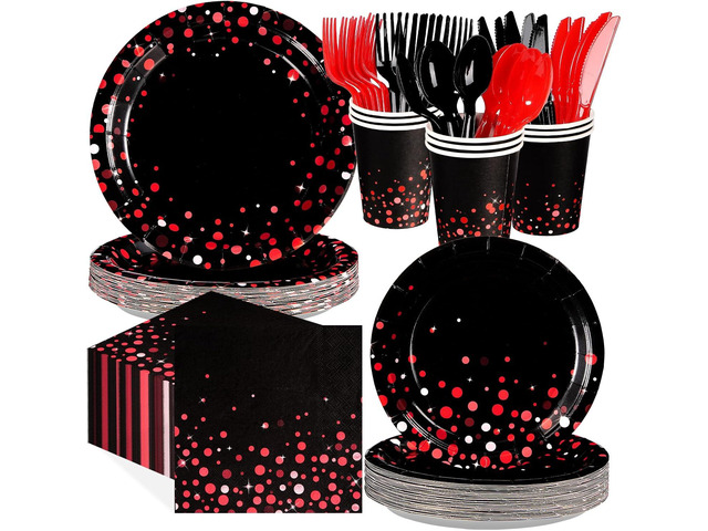 Grencian 168Pcs Black and Red Party Decorations Graduation Red Dot on Black Plates Napkins Cups Forks Knives Spoons Disposable Stranger Tableware...