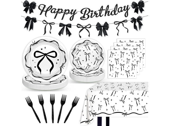 Black Bow Birthday Decorations Elegant Coquette Party Supplies Black White Bow Banner Garland Plates and Napkins Tablecloth Set Serve 24 for Women...