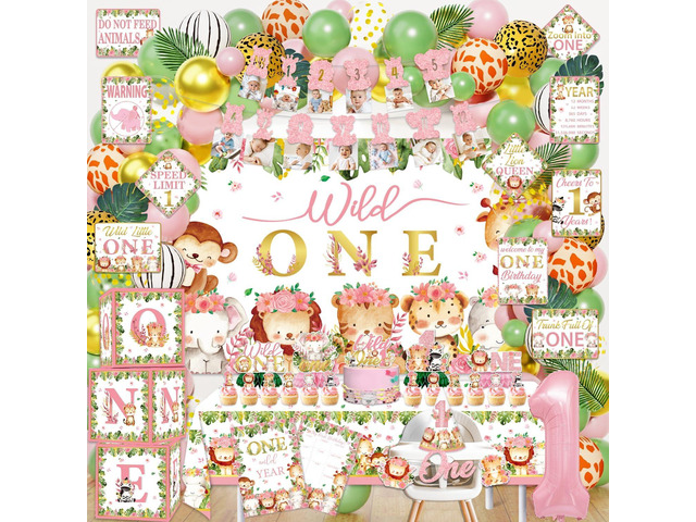 Wild One Birthday Decorations Girls, 132 Pcs Pink First Safari Jungle Theme Party Supplies for Girl Baby - Backdrop, Tablecloth, Palm Leaves,...