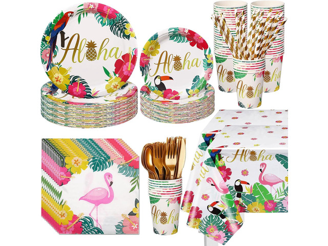 Didaey 194 Pcs Hawaiian Tropical Luau Party Decorations Supplies 24 Guest Aloha Disposable Dinnerware Set Flamingo Tablecloths Paper Plate Cup...