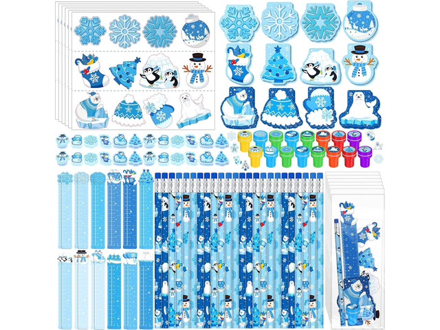 Faccito 168 Pcs Winter Party Favors Snowflake Party Supplies Winter Wonderland Stationery Set Notebook Sticker Stamper Eraser Ruler Pencil for...