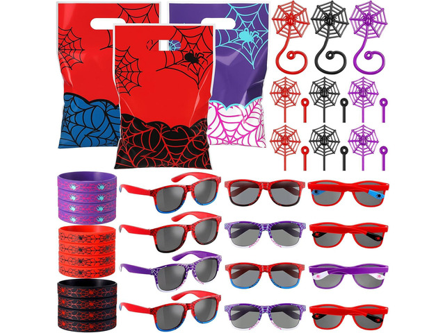 Soulchen 48 Pieces Spiderweb Birthday Party Decoration Set Spiderweb Gift Bags Spider Silicone Bracelet Sunglasses Cobweb Sticky Hands Toys for...