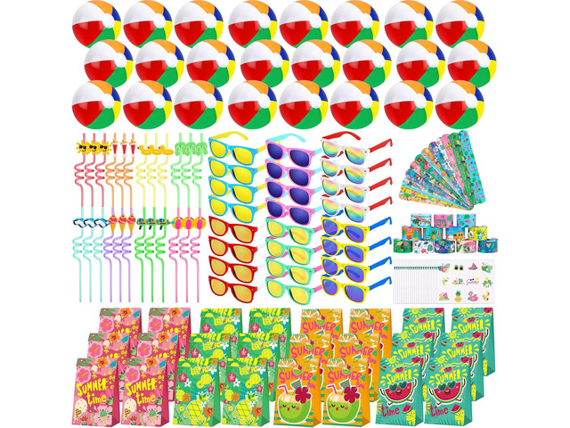 Elcoho 144 Pieces Pool Party Favors Beach Toys Including Inflatable Beach Ball, Sunglasses, Paper Bag Straw Tattoo Slap Bracelet Beach Summer Party...