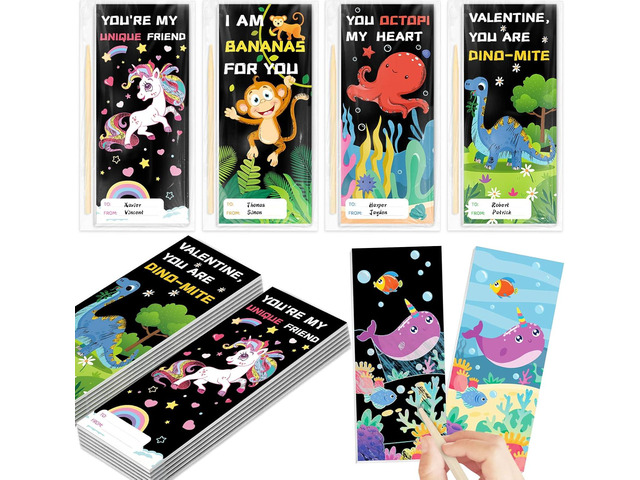 Shemira Valentines Day Gifts for Kids-24 Pack Scratch Art Crafts Notebook Kit with Valentines Cards for Kids, Valentines Day Cards for School...