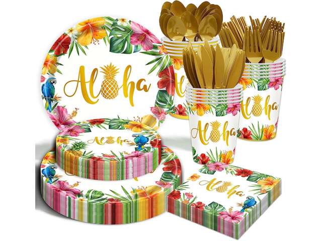 175Pcs Hawaiian Luau Party Decorations Aloha Tropical Tropical Hibiscus Floral Tableware Supplies Hawaii Palm Leaves Plates for Summer Hawaiian...