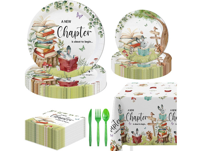 MEHOFOND 145 PCS Book Theme Party Supplies, A New Chapter Baby Shower Disposable Paper Plates,Napkins,Tablecloth, Storybook Tableware for Birthday...