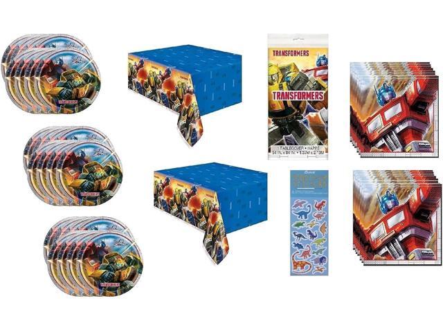 Transformers Birthday Party Supplies Large Bundle Pack includes 24 Lunch Plates, 32 Lunch Napkins, 2 Table Covers, 1 Dinosaur Sticker Sheet