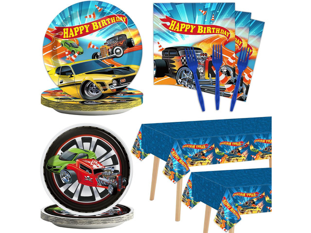 98 Pieces Racing Car Party Decorations for 24 Guests Hot Car Tableware Set Racing Car Plates Napkins Tablecloth Party Supplies Kit for Kids Boys...
