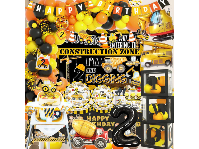 Construction 2nd Birthday Party Supplies,Dump Truck 2nd Birthday Party Decorations Tableware Includes Box Cutout Sash Plates, Cup, Napkin,...