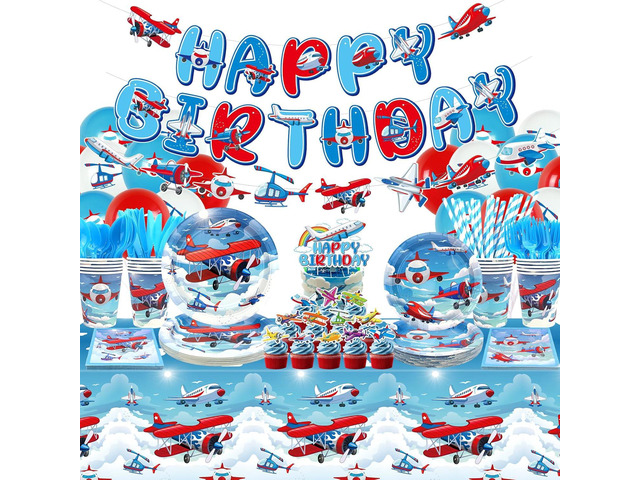 Airplane Birthday Party Decorations - Airplane Party Supplies, Plates Cups Napkins Tablecloth Happy Birthday Banner Balloon Cake Toppers for Plane...