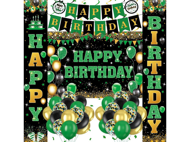 48Pcs Green and Black Birthday Decorations Black Green Gold Happy Birthday Party Supplies Happy Birthday Banner Backdrop Balloons Hanging Swirls...