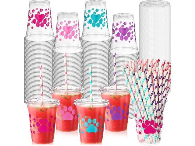 Mifoci 300 Pcs Colorful Dog Paw Plastic Cups Bulk with Flat Lids and Straws Set 12 oz Clear Puppy Paw Disposable Plastic Cups with Lids for Dog...
