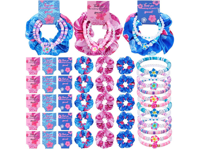 Suncalla 15 Set Hawaiian Bohemia Bracelet and Scrunchie Bulk Pink and Blue Cartoon Party Thank You Gift for Girls Birthday Party Favor Silk Hair...