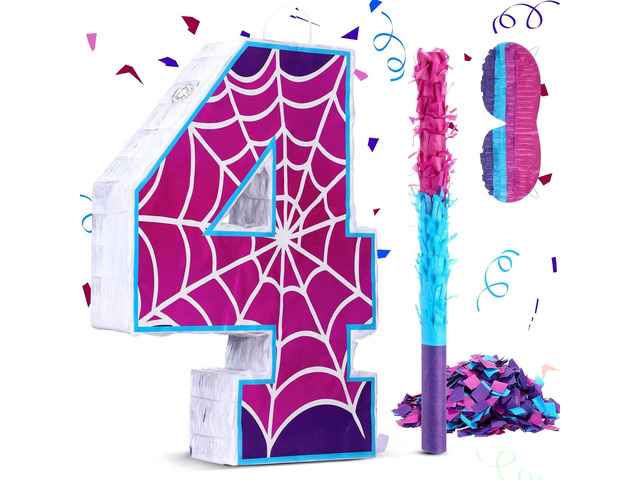 16 Inch Number 4 Spider Pinata for 4th Birthday Party Decorations Purple Pink Spider Party Favors, Spider Pinata with Stick Blindfold Confetti for...